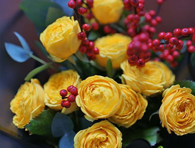 Bouquet of yellow peony-style roses photo